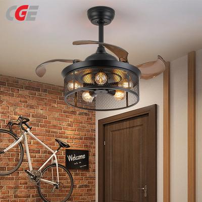 CGE-1088 Caged Ceiling Fan with Light 42Inch Industrial Retractable Remote Control Rustic Farmhouse Low Profile Chandelier Fan Light Fixtures 