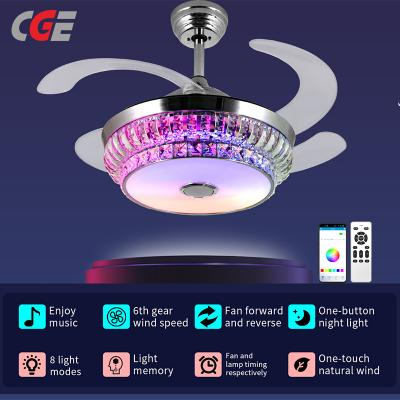 CGE-BFL-402 Dimmable Retractable Ceiling Fan Light and Bluetooth Speaker RGB Color Change with Remote Controller for Living Room